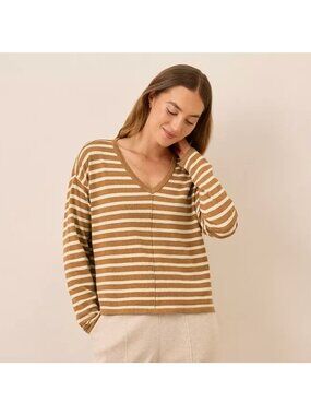 Pact Organic Cotton Classic Fine Knit Relaxed Stripe Brown V neck Sweater XL